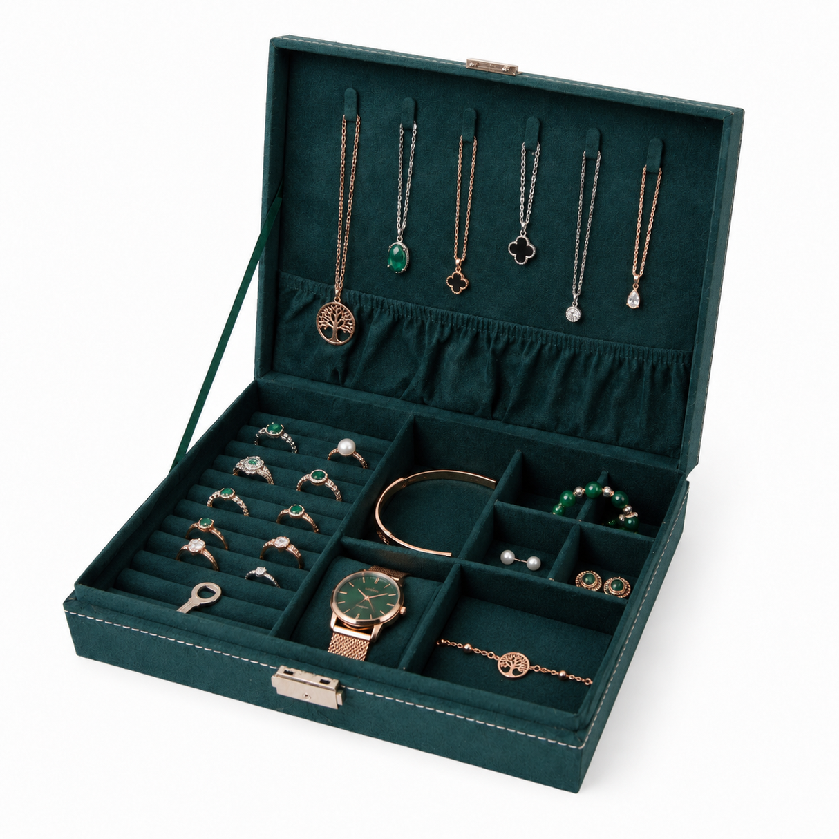 Cutie Dreptunghiulara pentru Bijuterii din Catifea Verde – Organizare Eleganta si Protectie