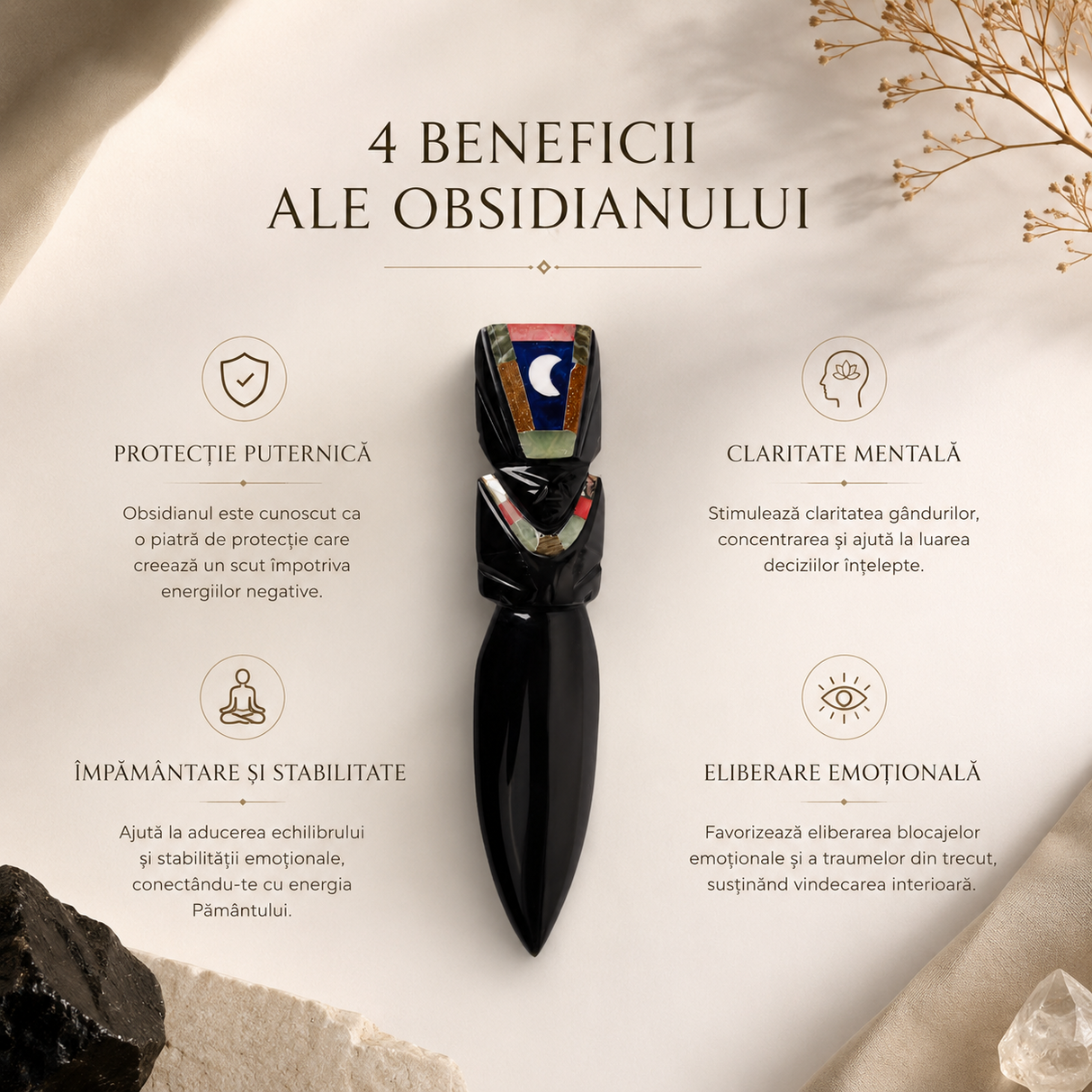 Cutit Ritualic din Obsidian Negru Mexican Lucrat Manual – Claritate si Transformare