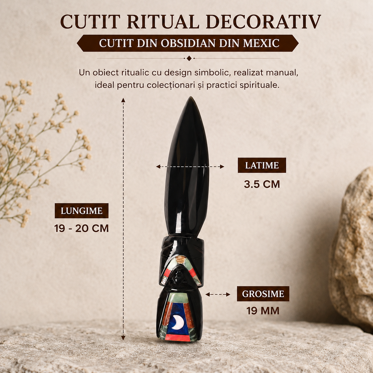 Cutit Ritualic din Obsidian Negru Mexican Lucrat Manual – Claritate si Transformare
