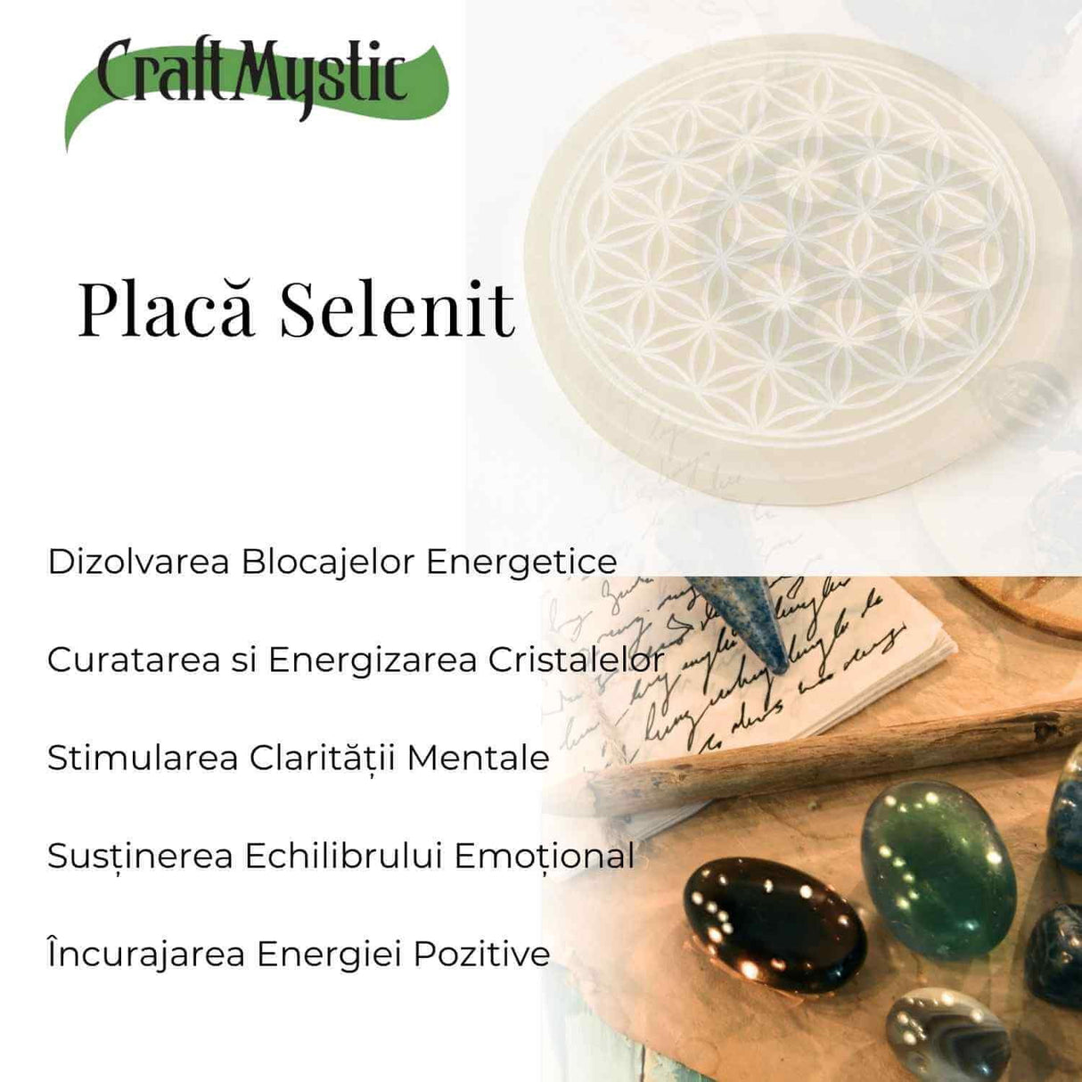 Placa Selenit cu Floarea Vietii – Purificare, Armonie si Reincarcare Energetica 10.5 cm