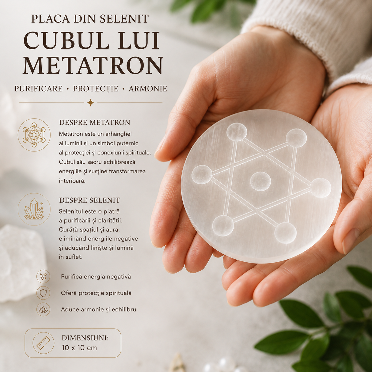 Placa din Selenit cu Simbolul Cubului lui Metatron – Purificare si Armonizare Energetica