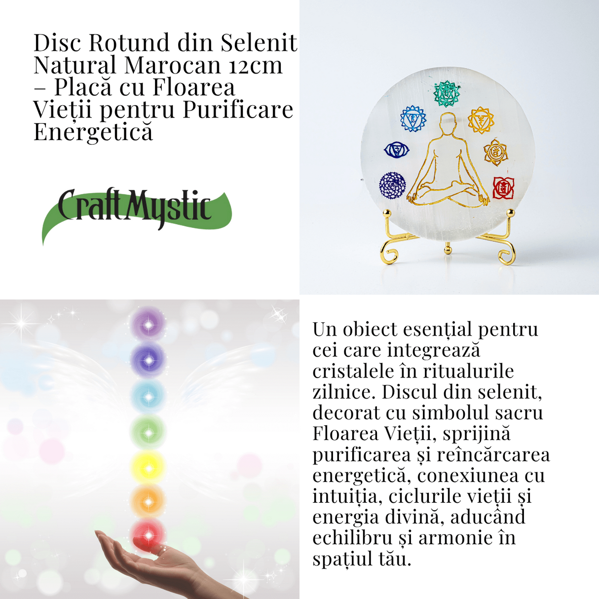 Disc Rotund din Selenit Natural Marocan - Placa Chakrelor pentru Purificare Energetica si Armonie in Spatiu