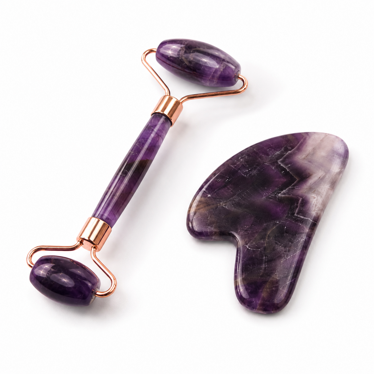 Set Gua Sha si Roller din Ametist Natural – Calm, Echilibru si Frumusete Radianta