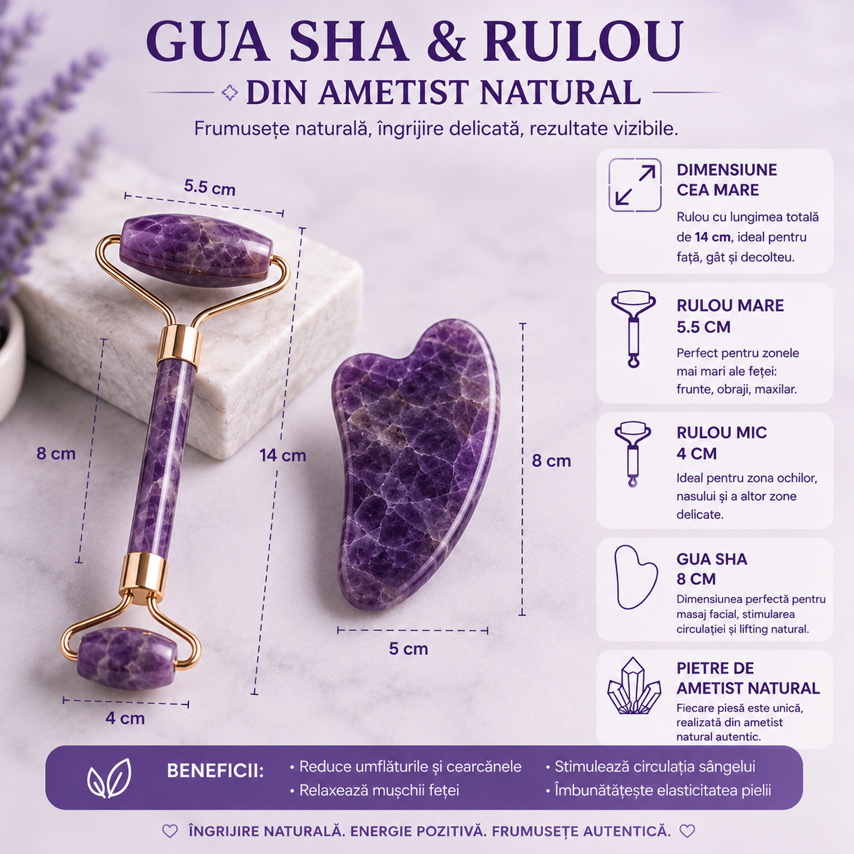 Set Gua Sha si Roller din Ametist Natural – Calm, Echilibru si Frumusete Radianta