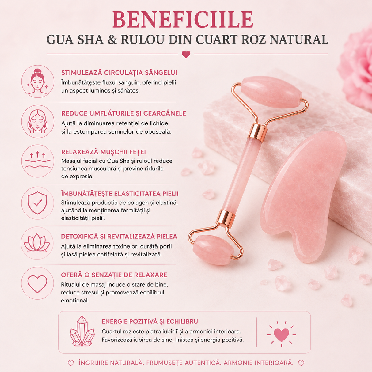 Set Gua Sha si Roller din Cuart Roz Natural – Frumusete, Relaxare si Energie Pozitiva