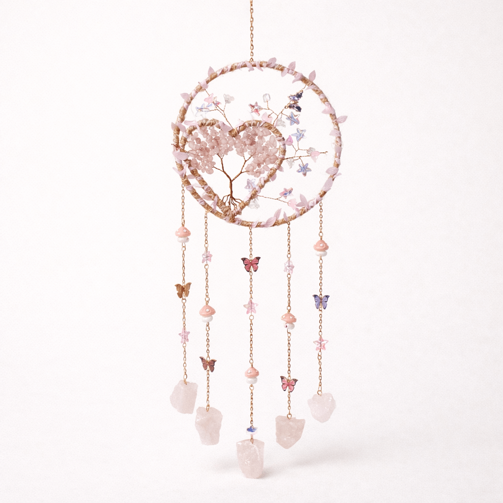 Dreamcatcher cu cuart roz, un simbol al blandetii, iubirii si linistii interioare