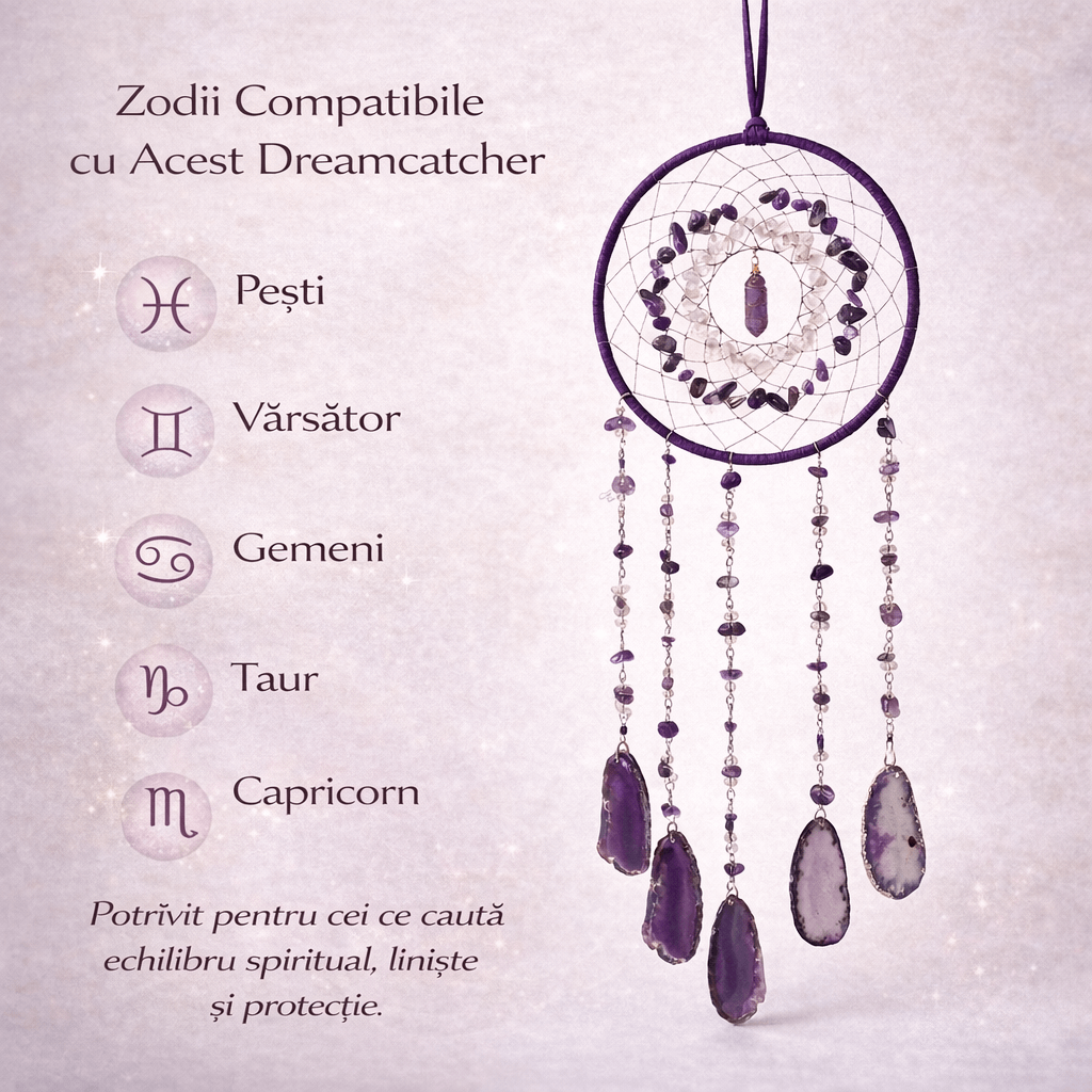 Dreamcatcher cu ametist, cuart transparent si agat – un simbol al claritatii si linistii interioare