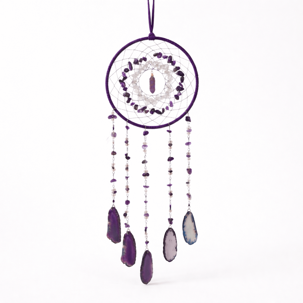Dreamcatcher cu ametist, cuart transparent si agat – un simbol al claritatii si linistii interioare