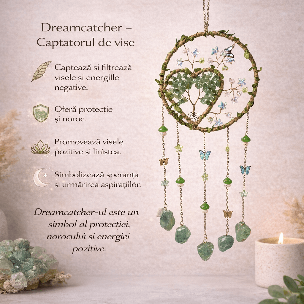 Dreamcatcher cu aventurin verde, un simbol al inimii deschise si al echilibrului natural