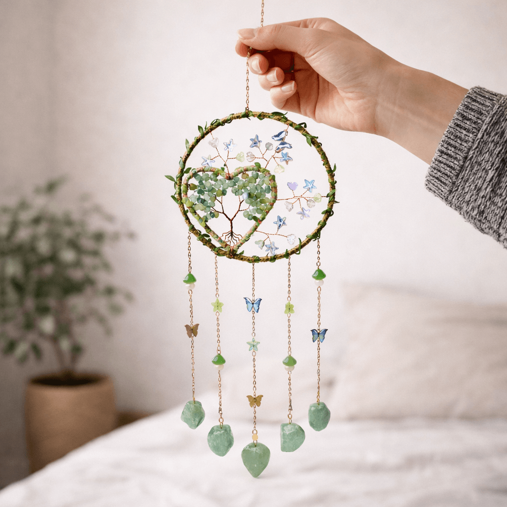 Dreamcatcher cu aventurin verde, un simbol al inimii deschise si al echilibrului natural