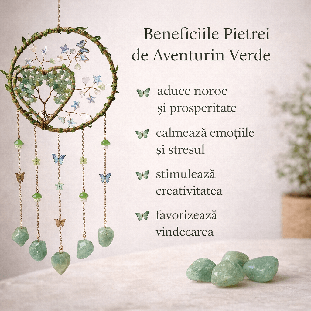 Dreamcatcher cu aventurin verde, un simbol al inimii deschise si al echilibrului natural