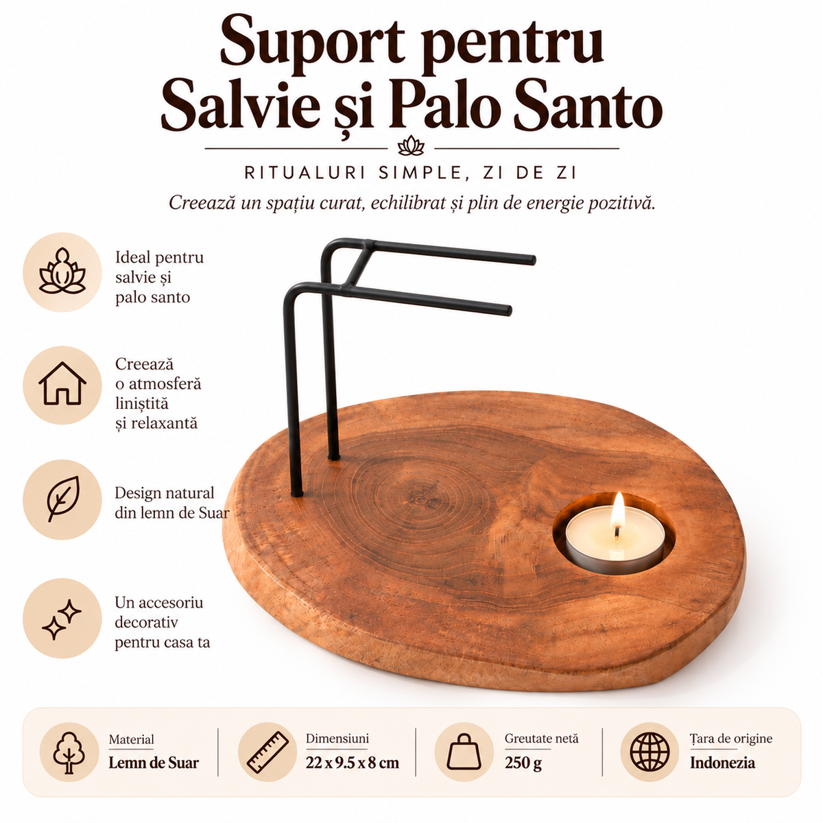 Suport din lemn de Suar pentru salvie și Palo Santo cu lumânare