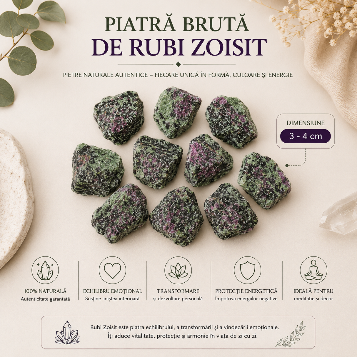 Piatra Bruta Rubi Zoisit Natural – Echilibru Emotional si Transformare Interioara