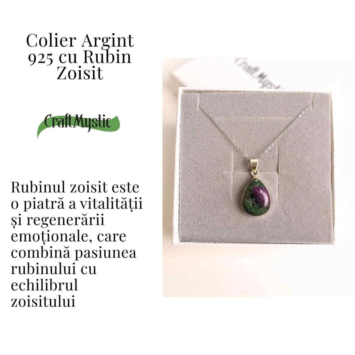 Curaj si Echilibru Emotional - Colier din Argint 925 cu Rubin Zoisit in Forma de Lacrima
