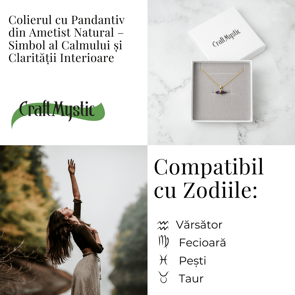 Echilibru si Liniste - Colier din Ametist Natural cu Lant din Otel Inoxidabil
