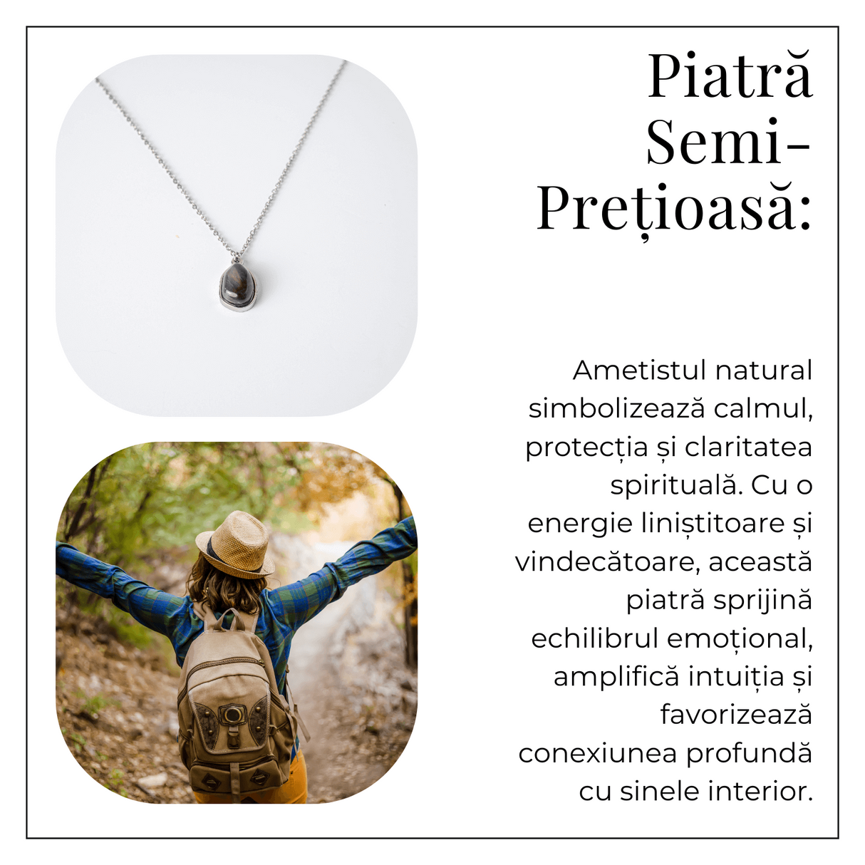 Echilibru si Liniste - Colier din Ametist Natural cu Lant din Otel Inoxidabil