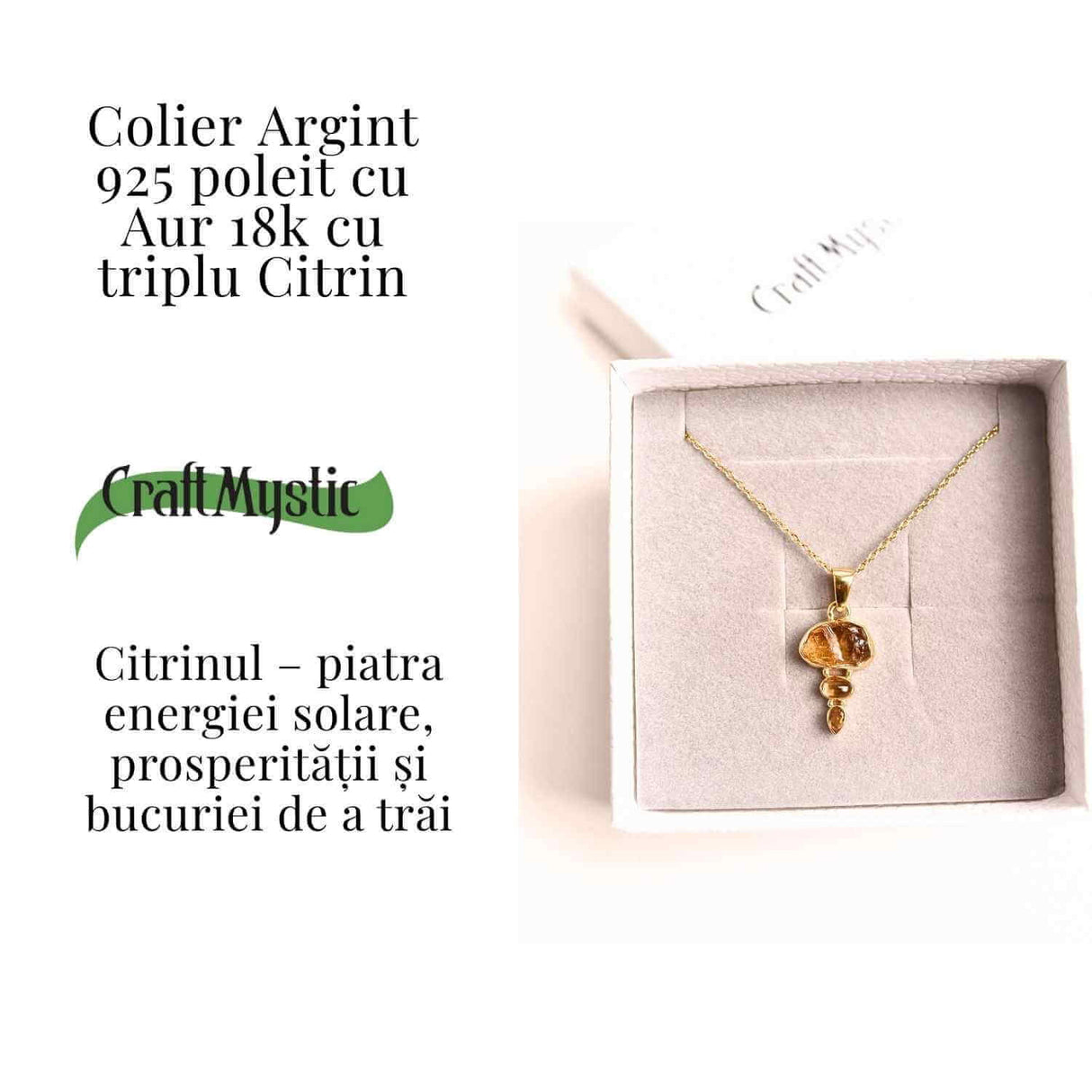 Energie Pozitiva si Prosperitate -Colier inox si pandantiv argint 925 placat cu aur de18k si Triplu Citrin