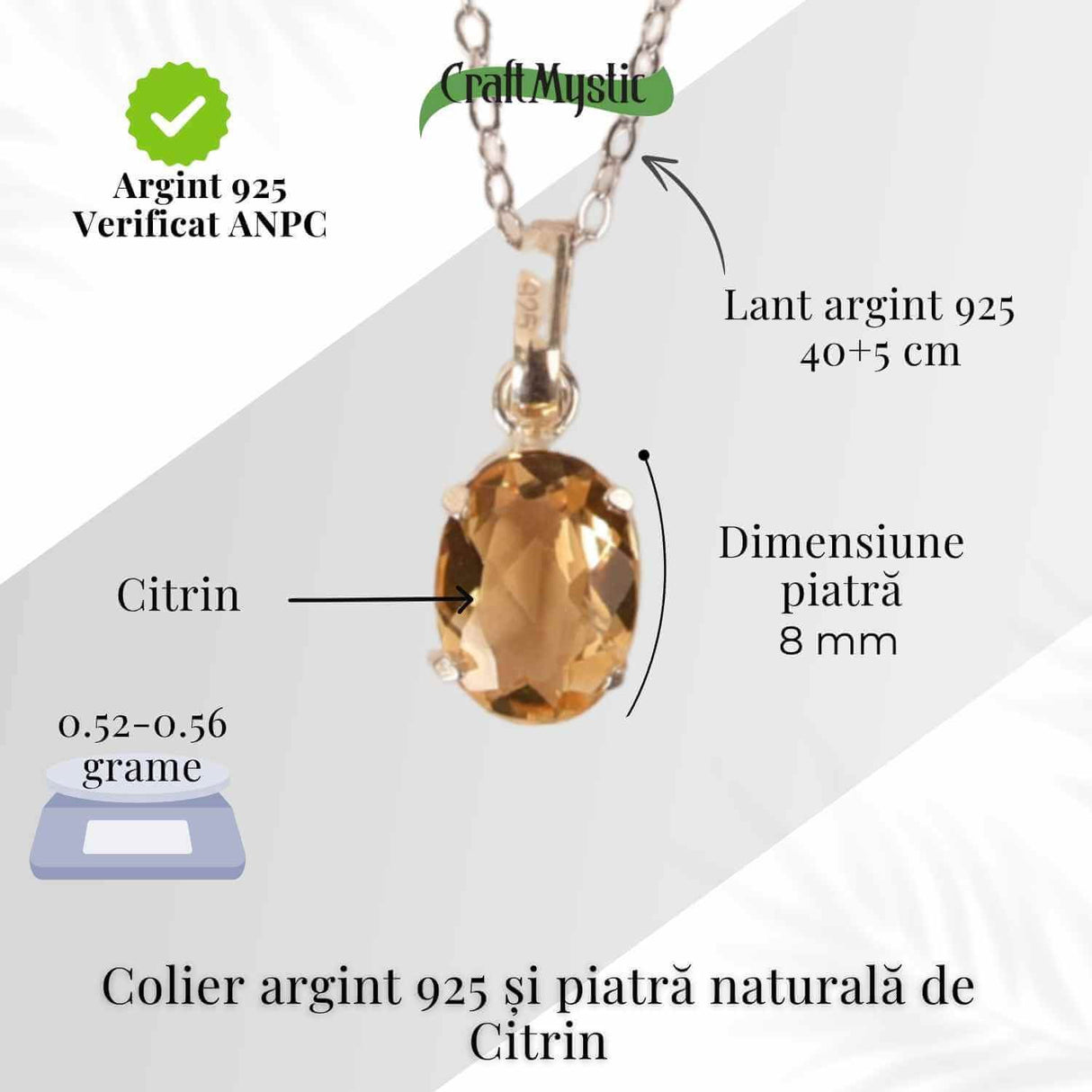 Colier Argint 925 cu Citrin Oval fatetat- Lumina Interioara si Abundenta