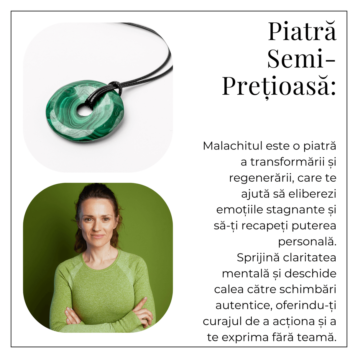 Colier Malachit Natural Pi pe Snur Reglabil - Transformare, Protectie si Echilibru Interior