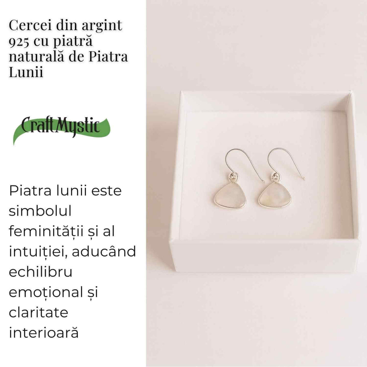 Cercei Argint 925 cu Piatra Lunii Triunghi Rotunjit - Armonie si Intuitie