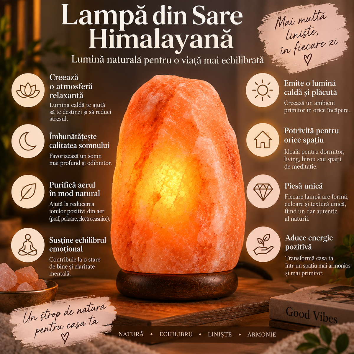 Lampă din Sare Himalayană naturală 10 kg, 28 cm