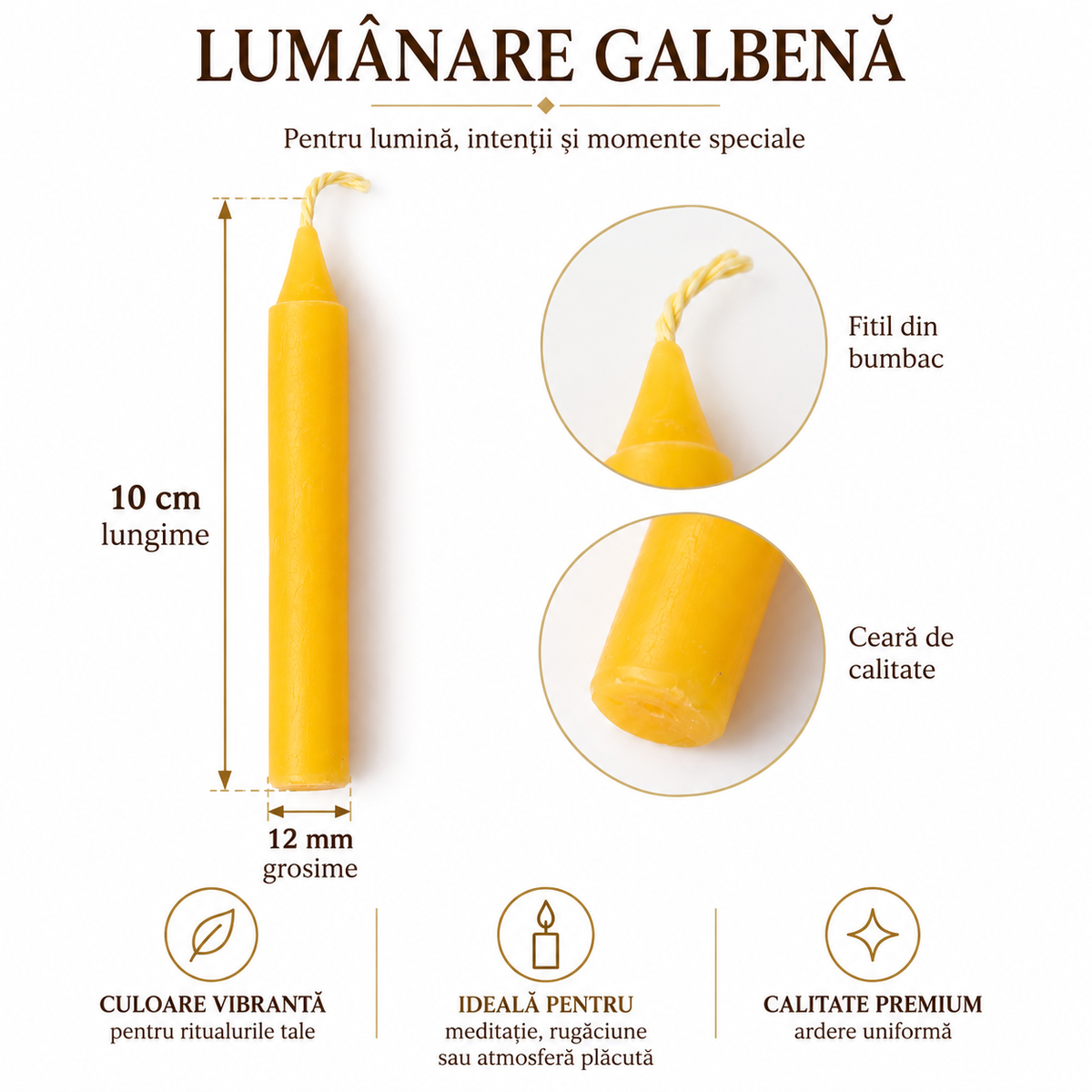 Lumânare Galbenă pentru Ritualuri și Intenții 10 cm - 1 Bucată