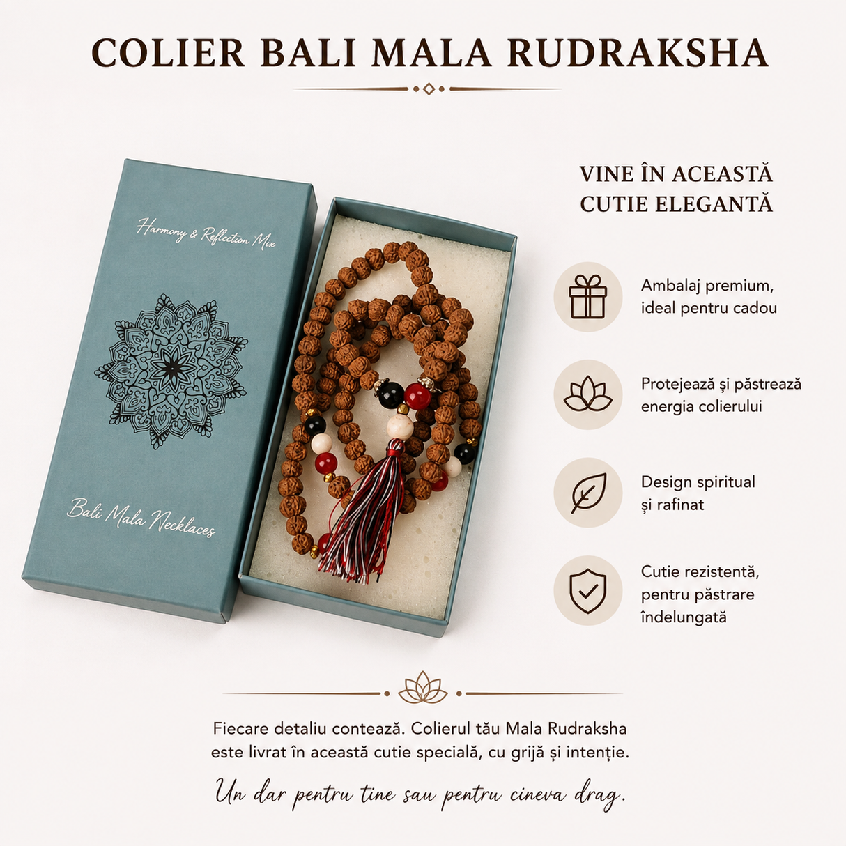 Colier Mala Rudraksha cu 108 mărgele din pietre naturale mixte