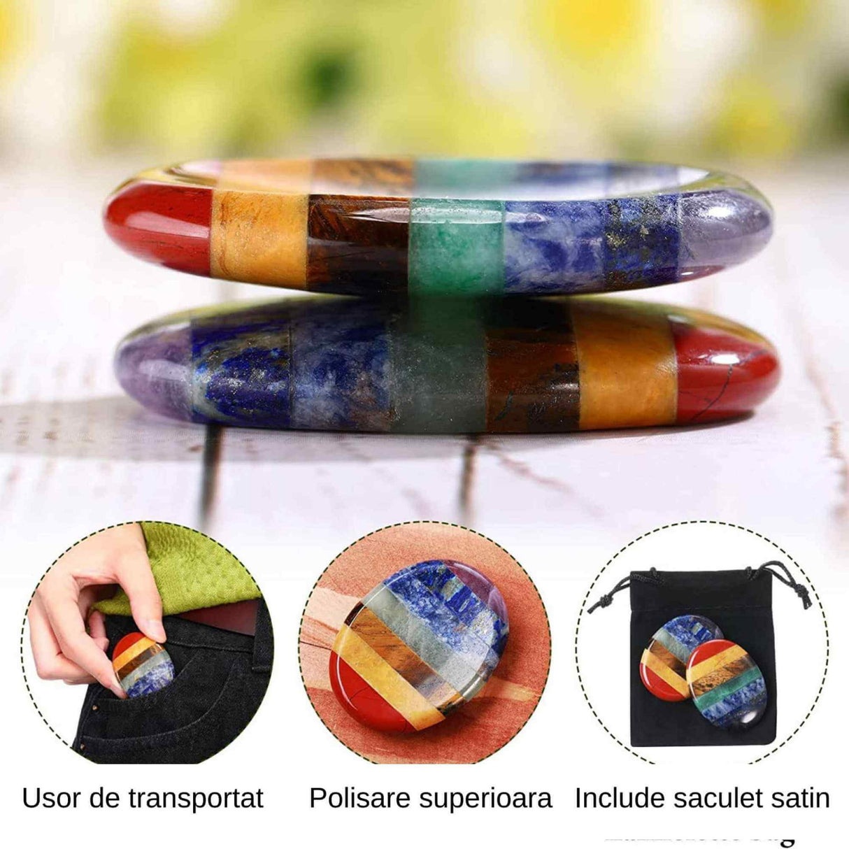 Forma ovala din pietre semipretioase 7 chakre pentru degetul mare - Utila pentru anxietate, meditatie, cristal natural de buzunar