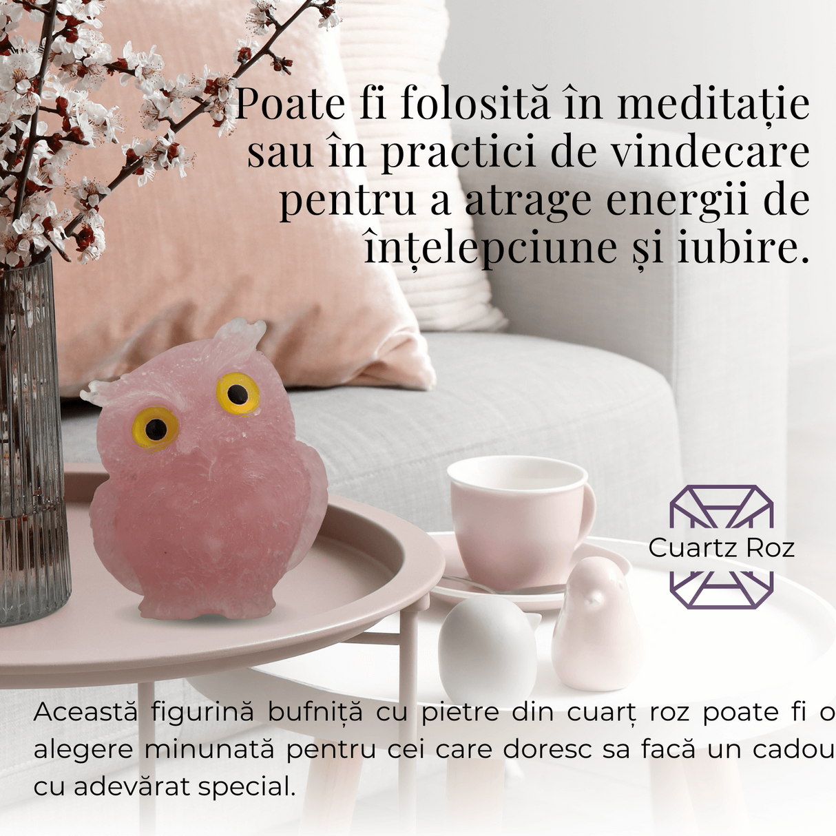 Figurina Bufnita din Cuart Roz – Simbol al Iubirii si Armoniei
