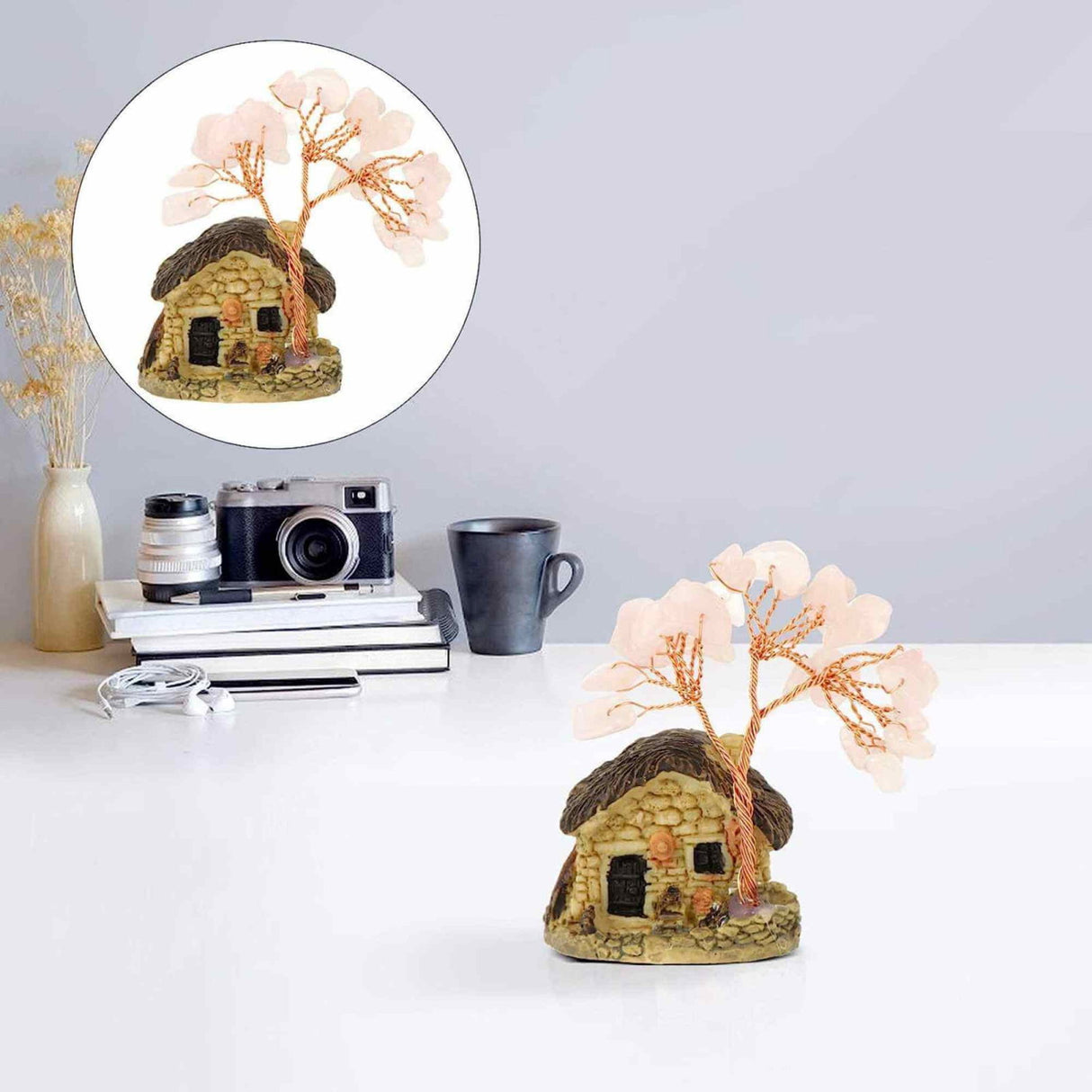 Figurina casuta cu ramuri din cristale naturale Cuart Roz - Decoratiune interior sau exterior, pentru casa, birou, acvariu