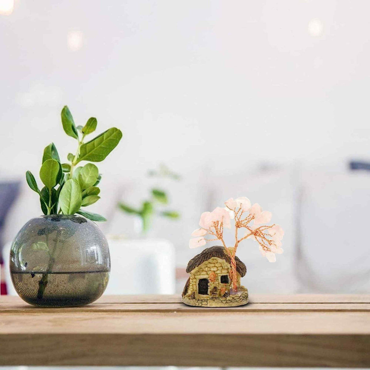 Figurina casuta cu ramuri din cristale naturale Cuart Roz - Decoratiune interior sau exterior, pentru casa, birou, acvariu