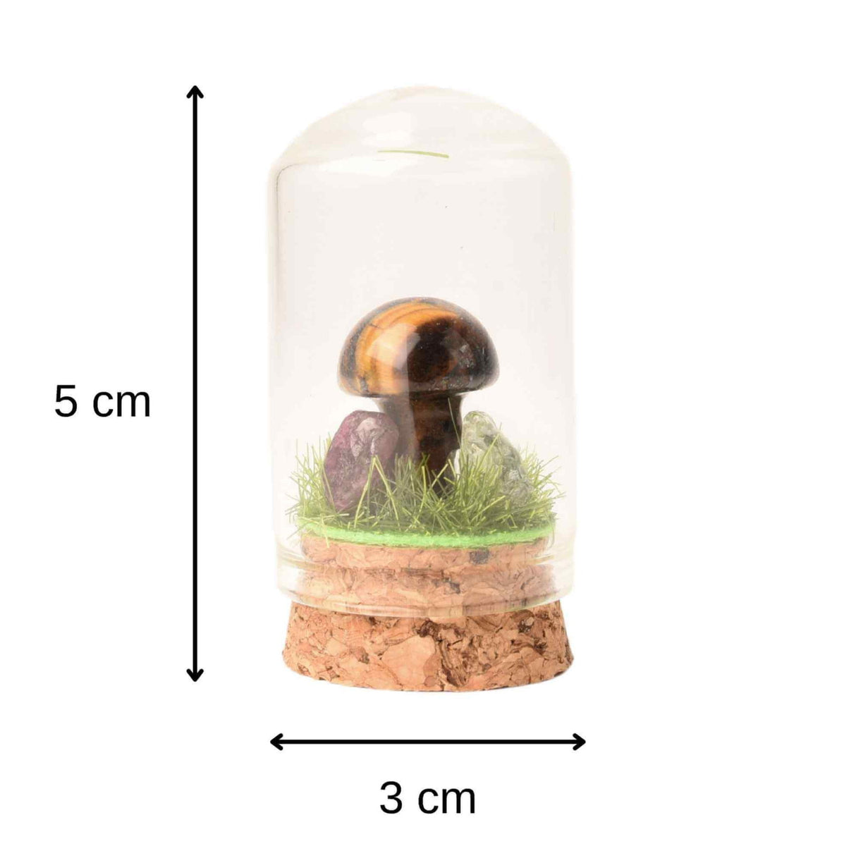 Figurina din piatra naturala semipretioasa Ochi de tigru in forma de ciuperca in mini terrarium 5 cm din sticla
