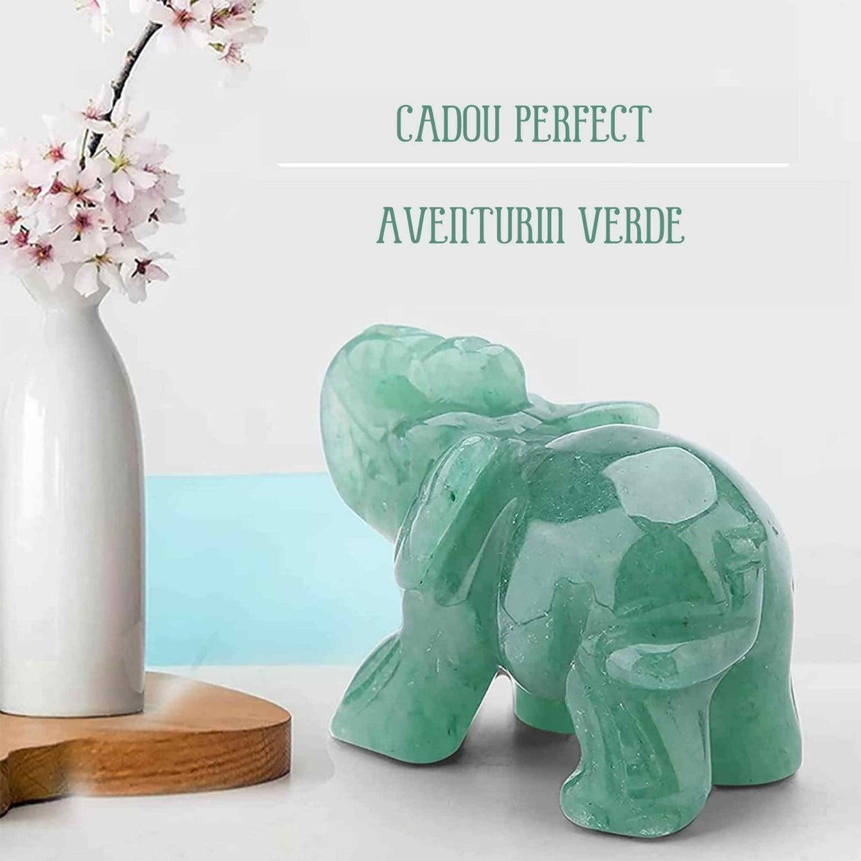 Figurina elefant din piatra semi-pretioasa Aventurin Verde sculptata manual - Statuie din cristale vindecatoare Reiki de buzunar pentru meditatie, pace