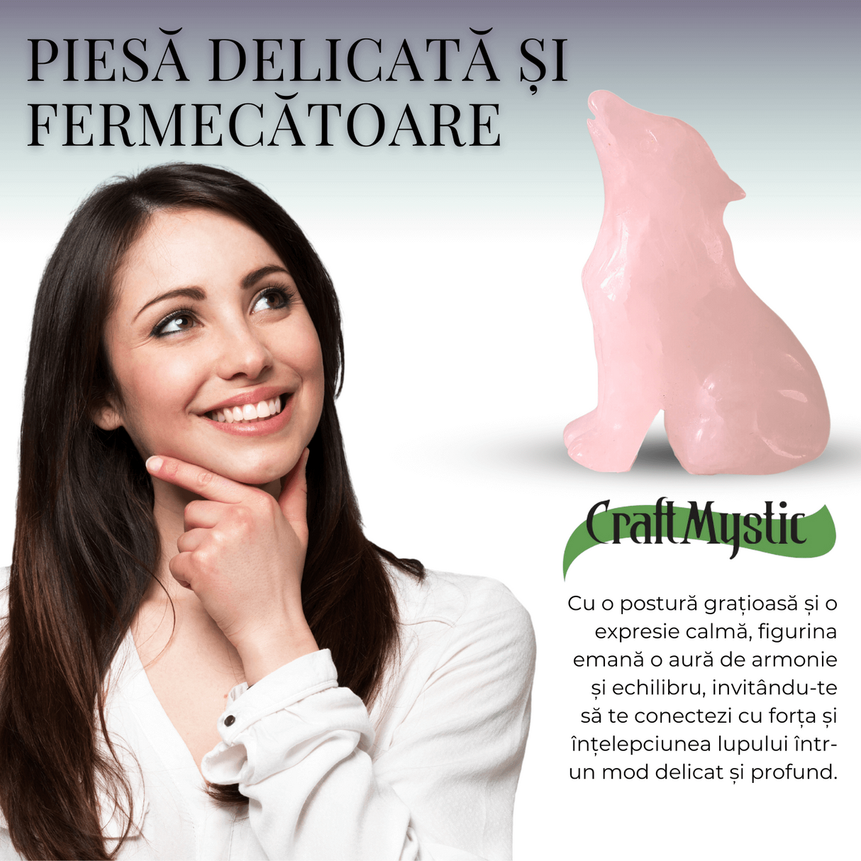 Figurina Lup din Cuart Roz Natural, 5 cm - Favorizeaza Echilibrul Emotional si Armonia