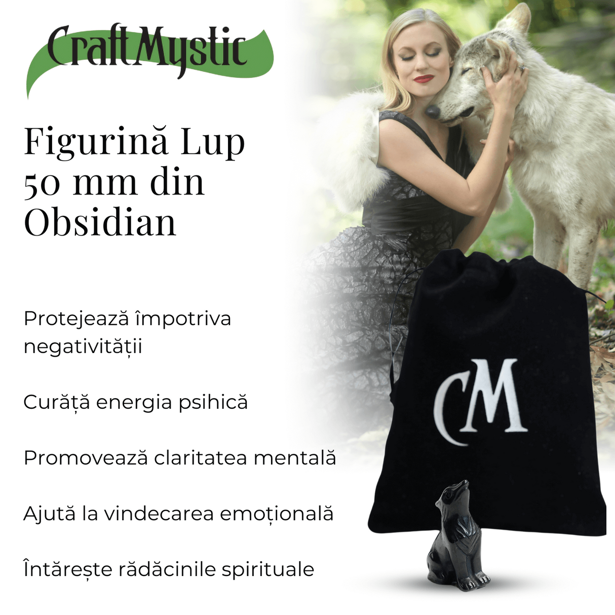 Figurina Lup din Obsidian Natural, 5 cm - Protector Energetic si Sprijin in Transformare