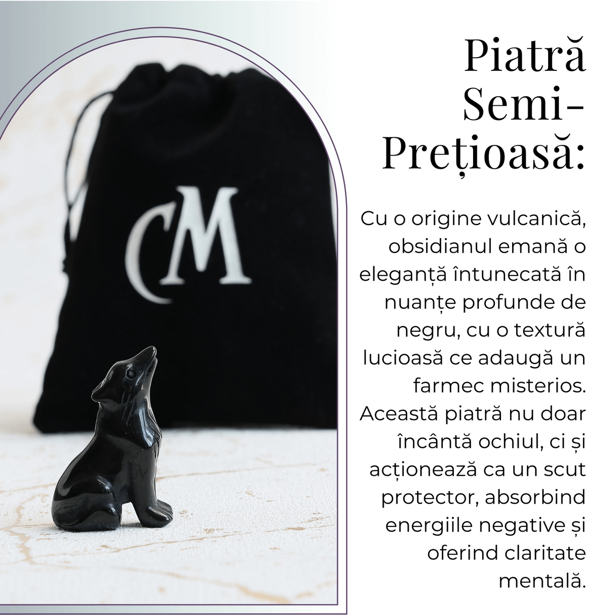 Figurina Lup din Obsidian Natural, 5 cm - Protector Energetic si Sprijin in Transformare