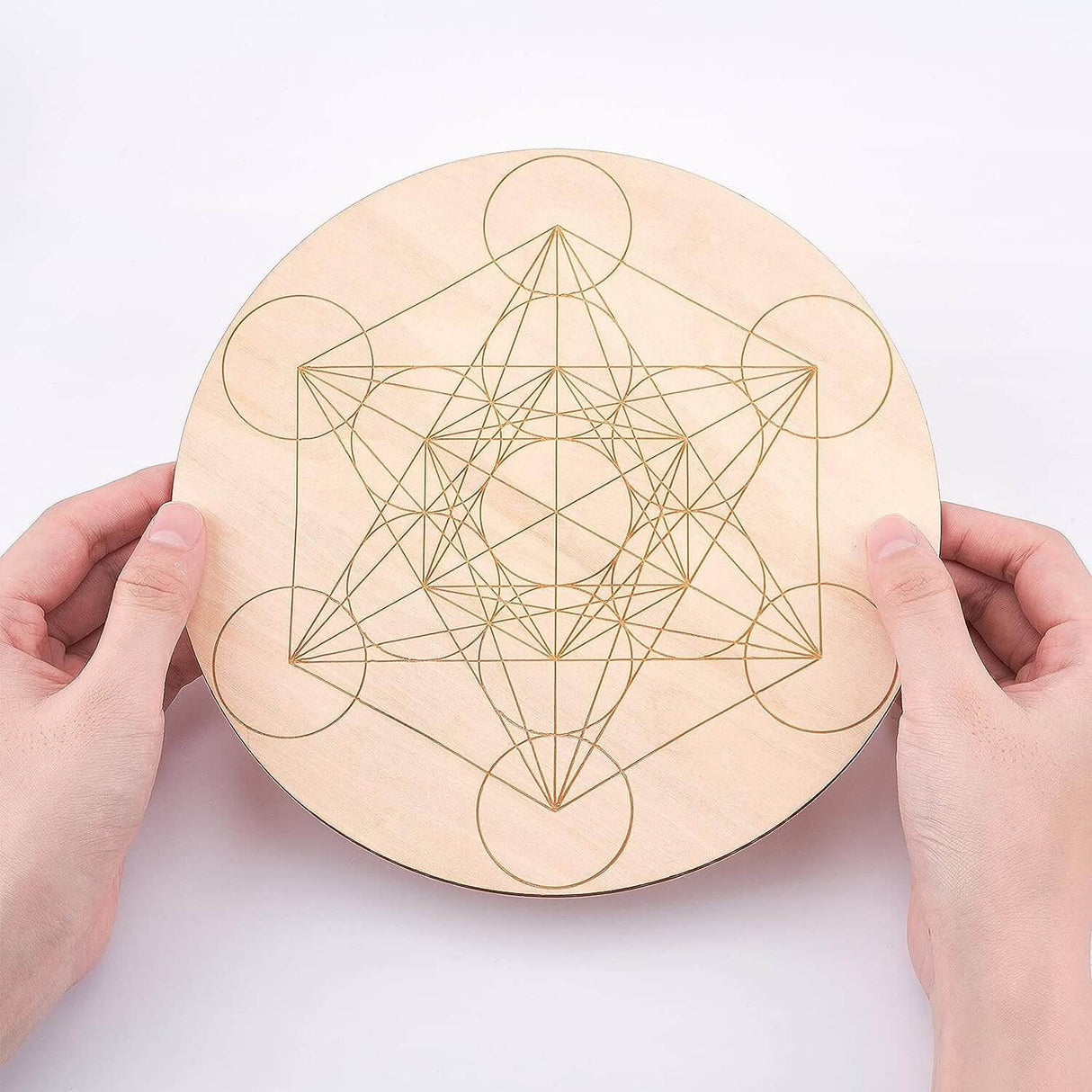 Grila din Lemn pentru Cristale cu Modelul Cubului lui Metatron, Diametru 25 cm