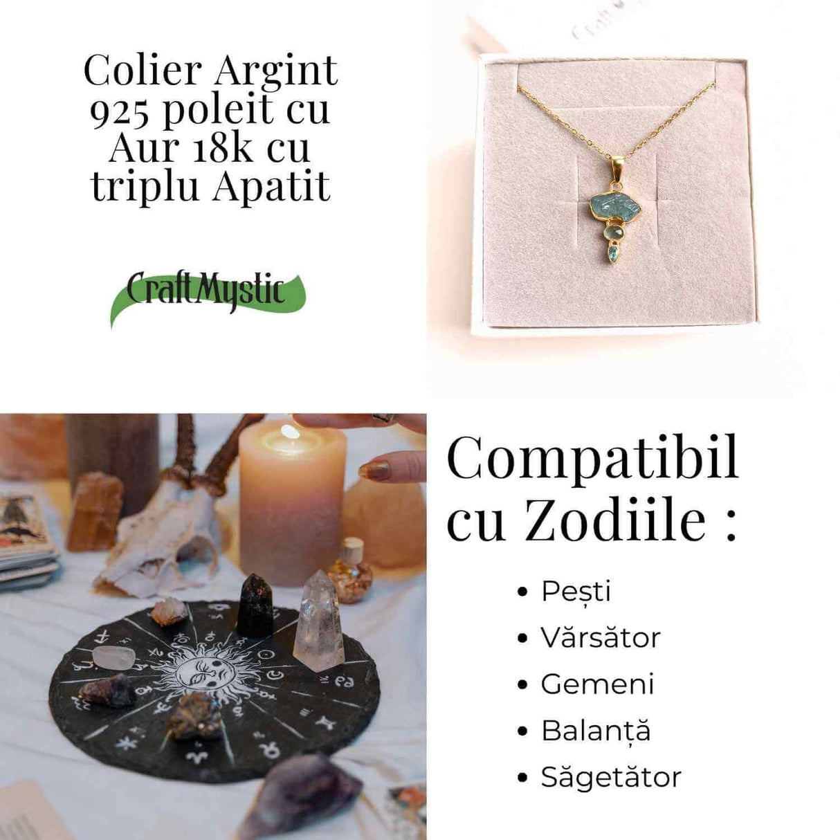 Claritate Mentala si Comunicare Autentica - Colier inox si pandantiv argint 925 placat cu aur de18k si Triplu Apatit