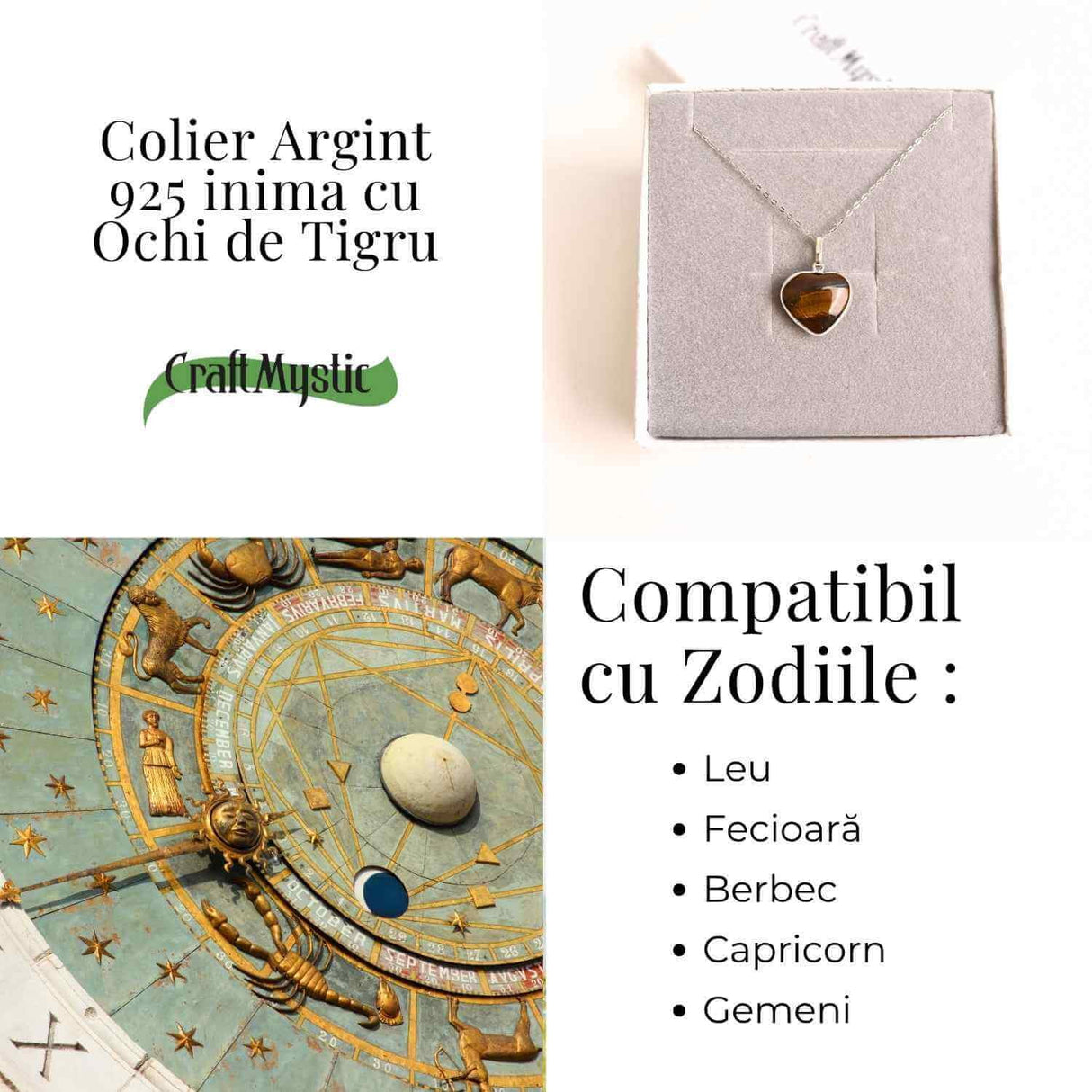 Curaj si Protectie Zilnica - Colier Inima din Argint 925 cu Ochi de Tigru