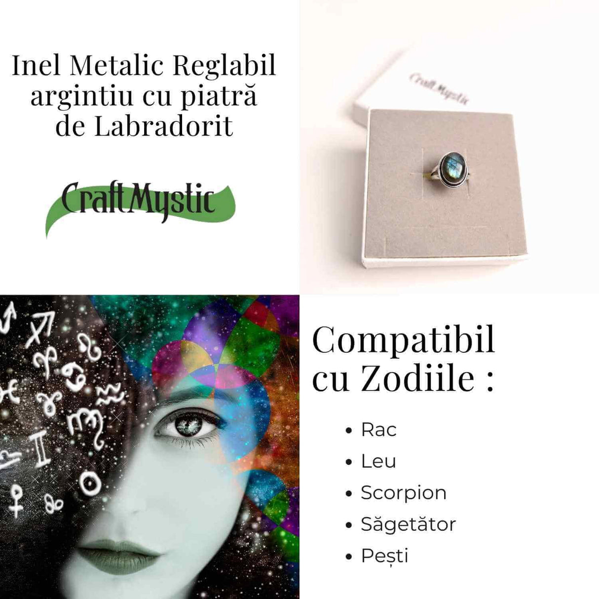 Inel ajustabil argintiu cu labradorit natural - intuitie si protectie