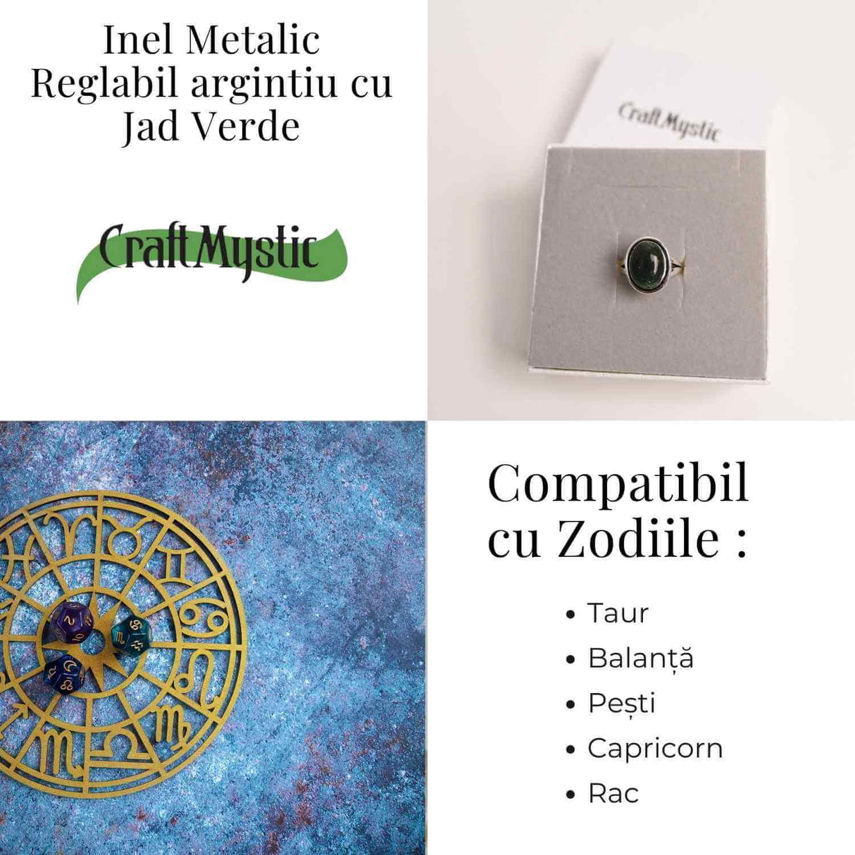 Inel Ajustabil Argintiu cu Jad Verde - Echilibru si protectie energetica