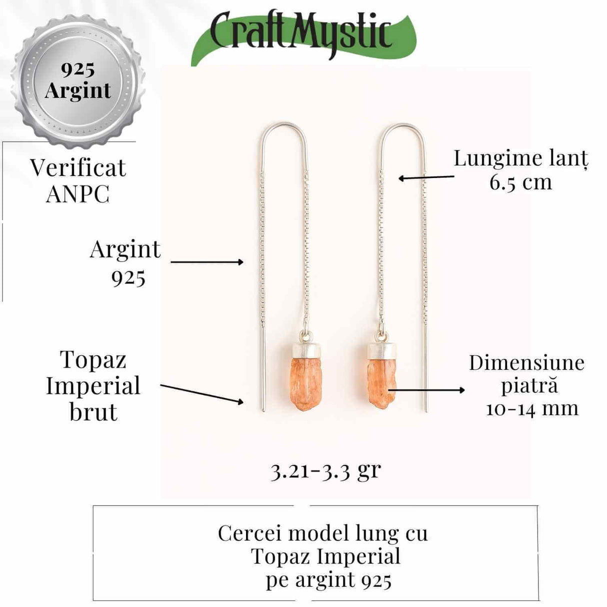 Cercei lungi din argint 925 cu topaz imperial natural - Eleganta si energie pozitiva - Copie