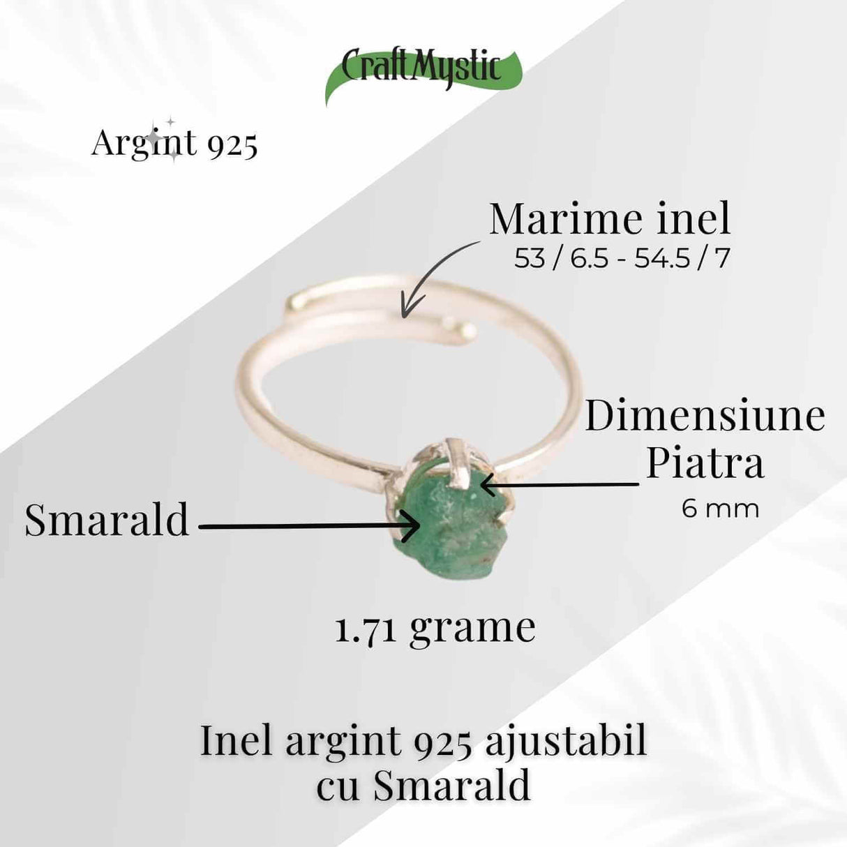 Inel Ajustabil Argint 925 cu Smarald Brut - Vindecare si Iubire Sincera
