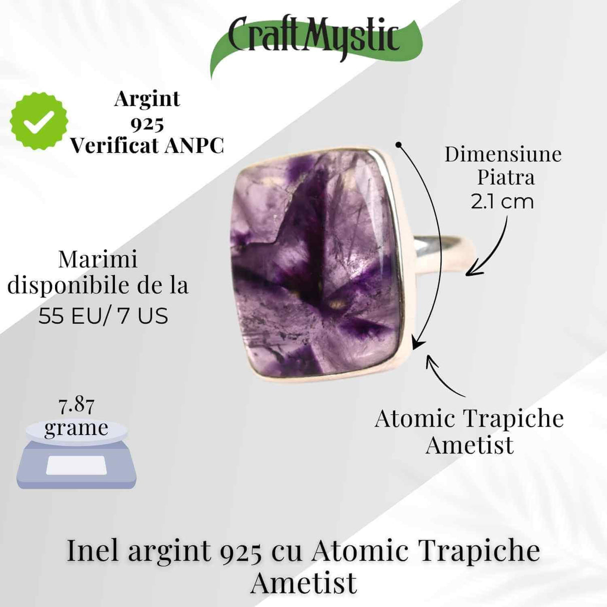 Inel argint 925 cu Atomic Trapiche Ametist dreptunghiular - Claritate si Protectie Spirituala
