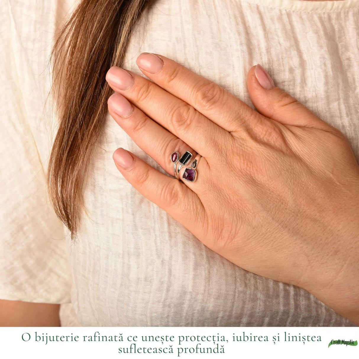 Inel Argint 925 cu Turmalina Neagra, Ametist si Turmalina Roz – Protectie si Echilibru