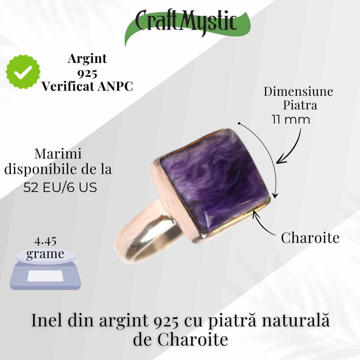 Inel argint 925 cu Charoite patrat - Transformare interioara si claritate spirituala