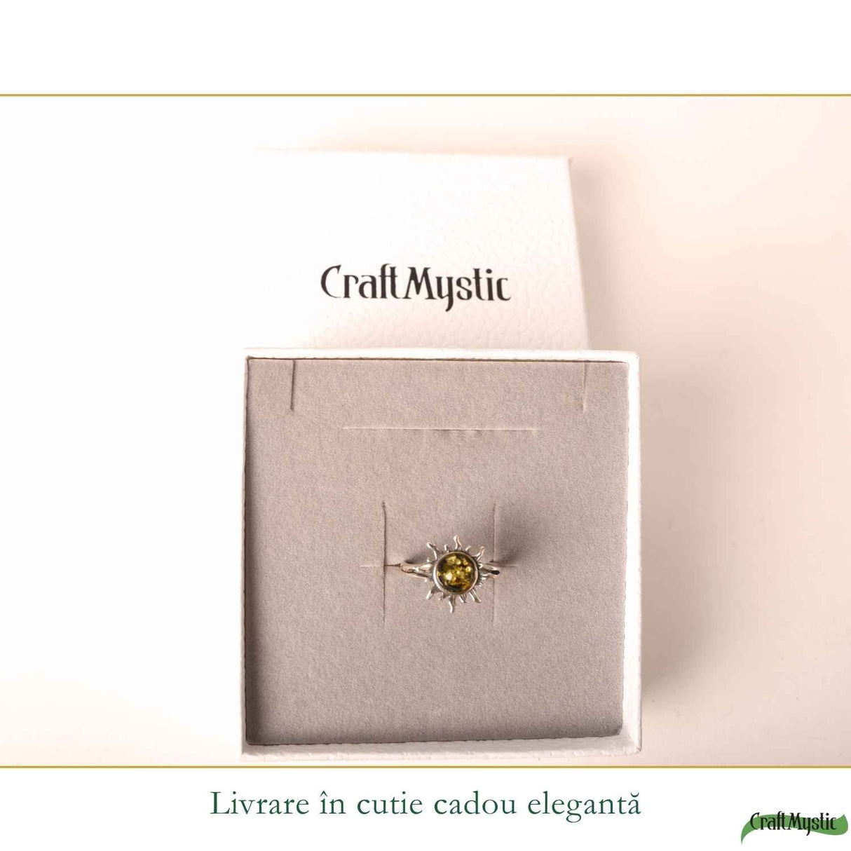 Inel Argint 925 cu Chihlimbar Verde si Soare – Energie Luminoasa si Echilibru