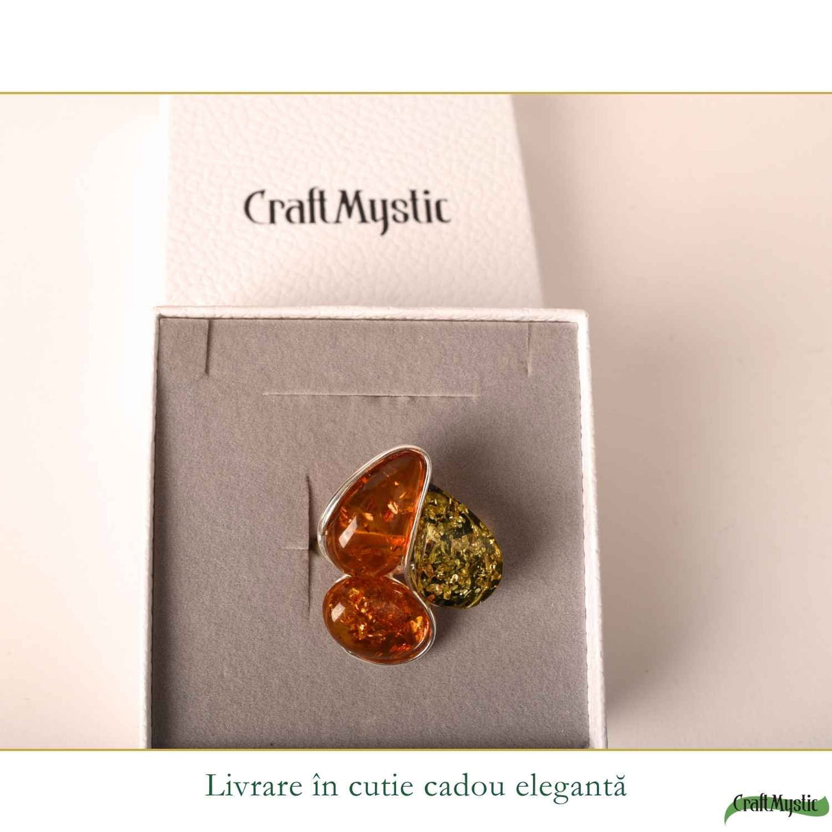 Inel Argint 925 cu Chihlimbar Coniac si Verde Floare – Caldura si Feminitate Naturala