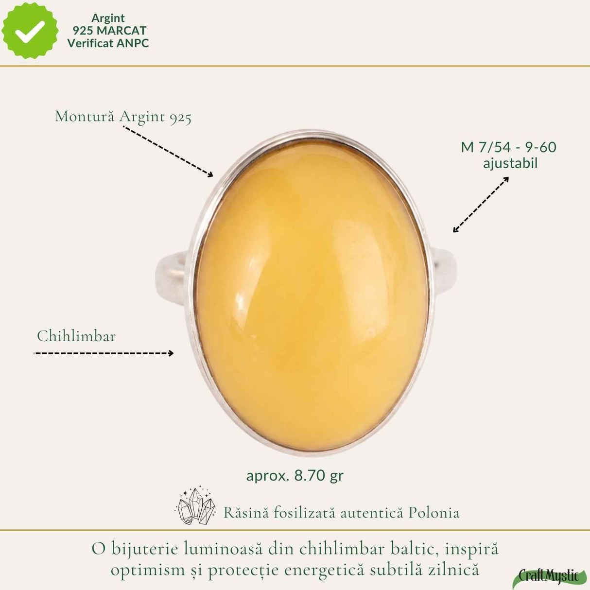 Inel Argint 925 cu Chihlimbar Galben Oval – Eleganta Solara si Feminitate