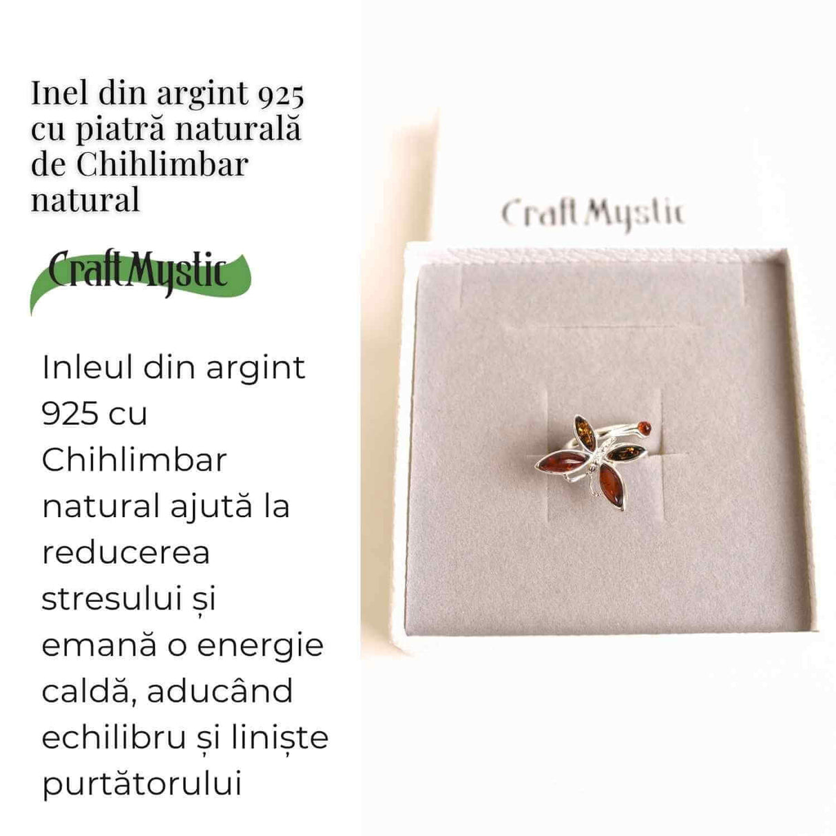 Inel Argint 925 cu Chihlimbar Natural in Forma de Fluture ajustabil - Renastere si Energie Solara